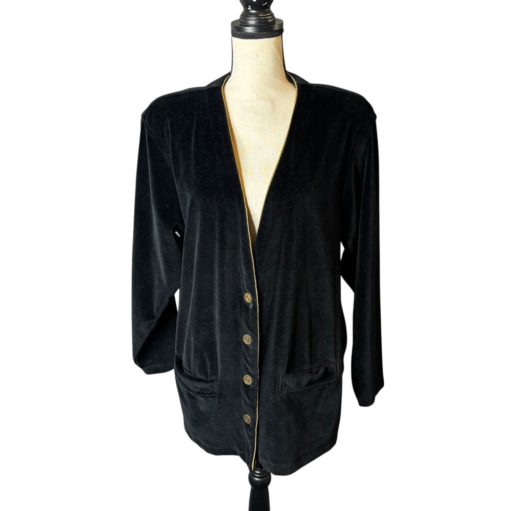 Liz Sport Black Velour Gold Trim Button Front Cardigan Jacket Women's Size L